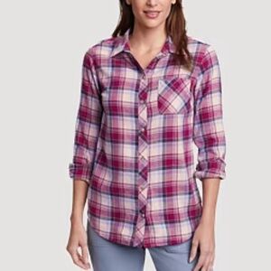 Eddie Bauer Women's Red and Cream Plaid Shirt Flannel Long Sleeve Fall